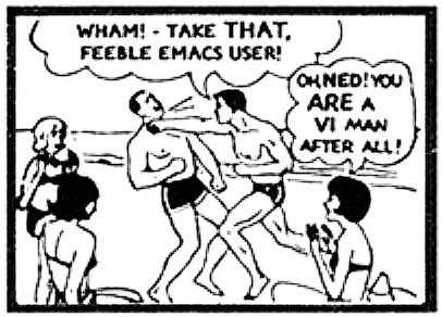 1950s comic strip parody; vi man beats up EMACS man