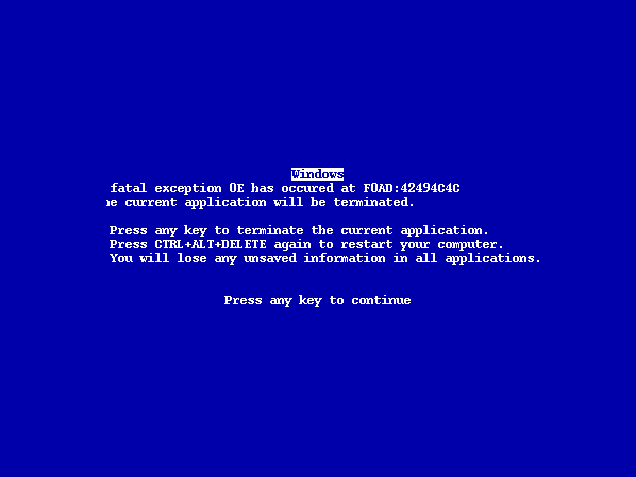 Screen capture of a Windows Blue Screen of Death