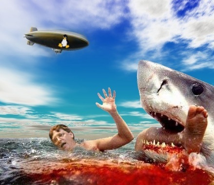 Image of Bill Gates being eaten by a shark while the Tux Blimp watches